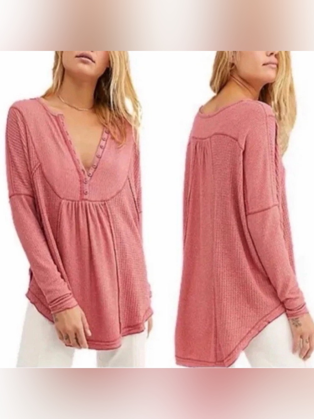 Free People Rose Pink Waffle-Knit Button V-Neck Tunic
